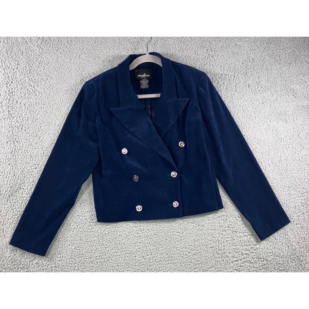 Vintage Faux Suede Blazer Jacket Women 10 Double Breasted Blue